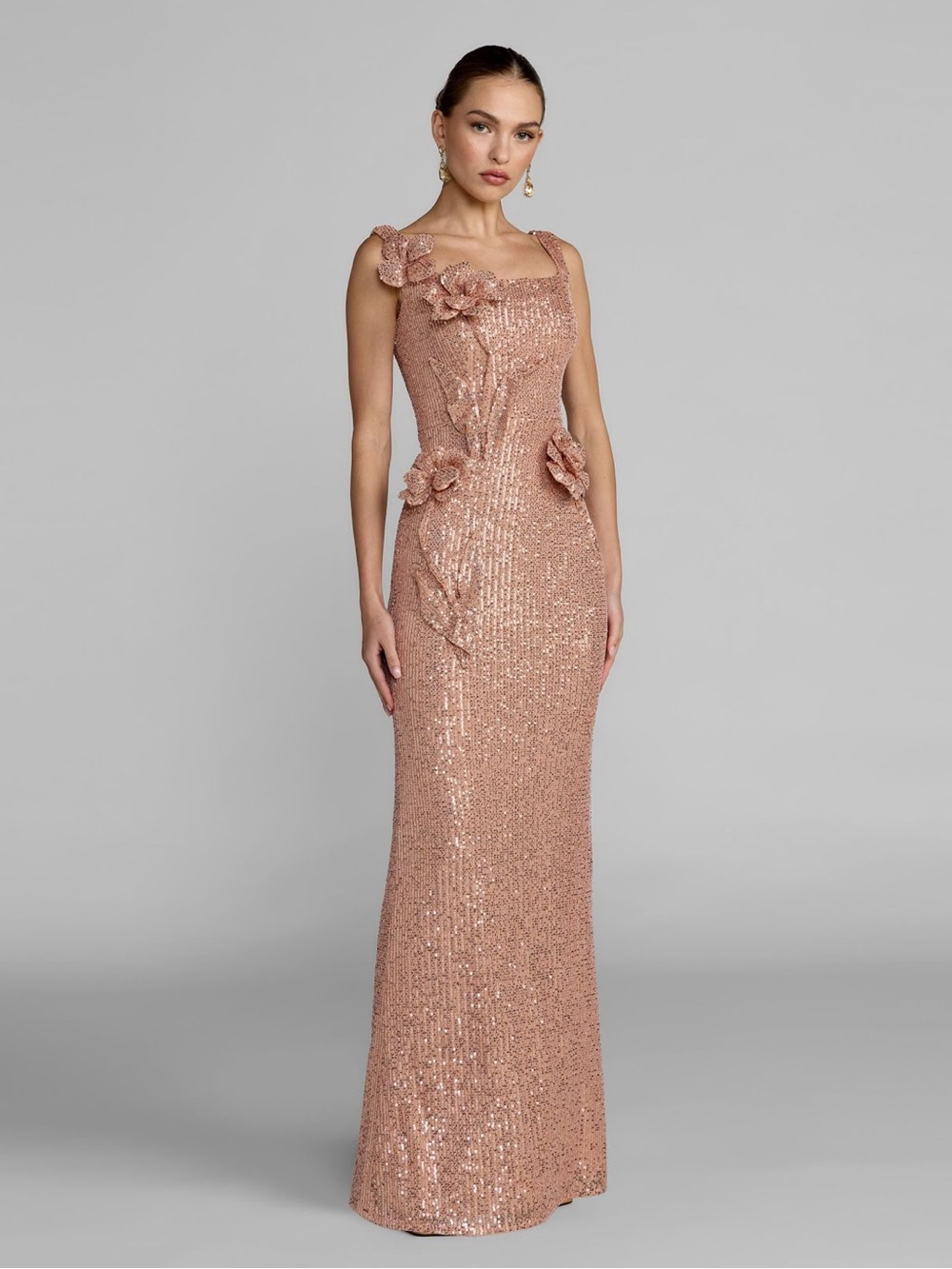 Mac Duggal 37104 Light Pink Sequin Column Gown With 3D Flowers Size 6 NWT